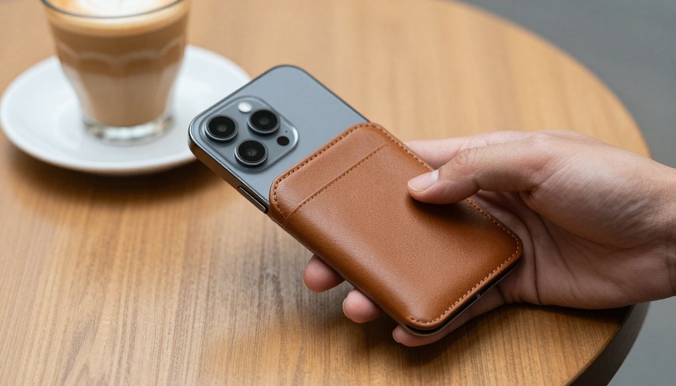 A person paying for a coffee at a cafe by tapping their iPhone 15 Pro Max, which is housed in a sleek leather wallet case.