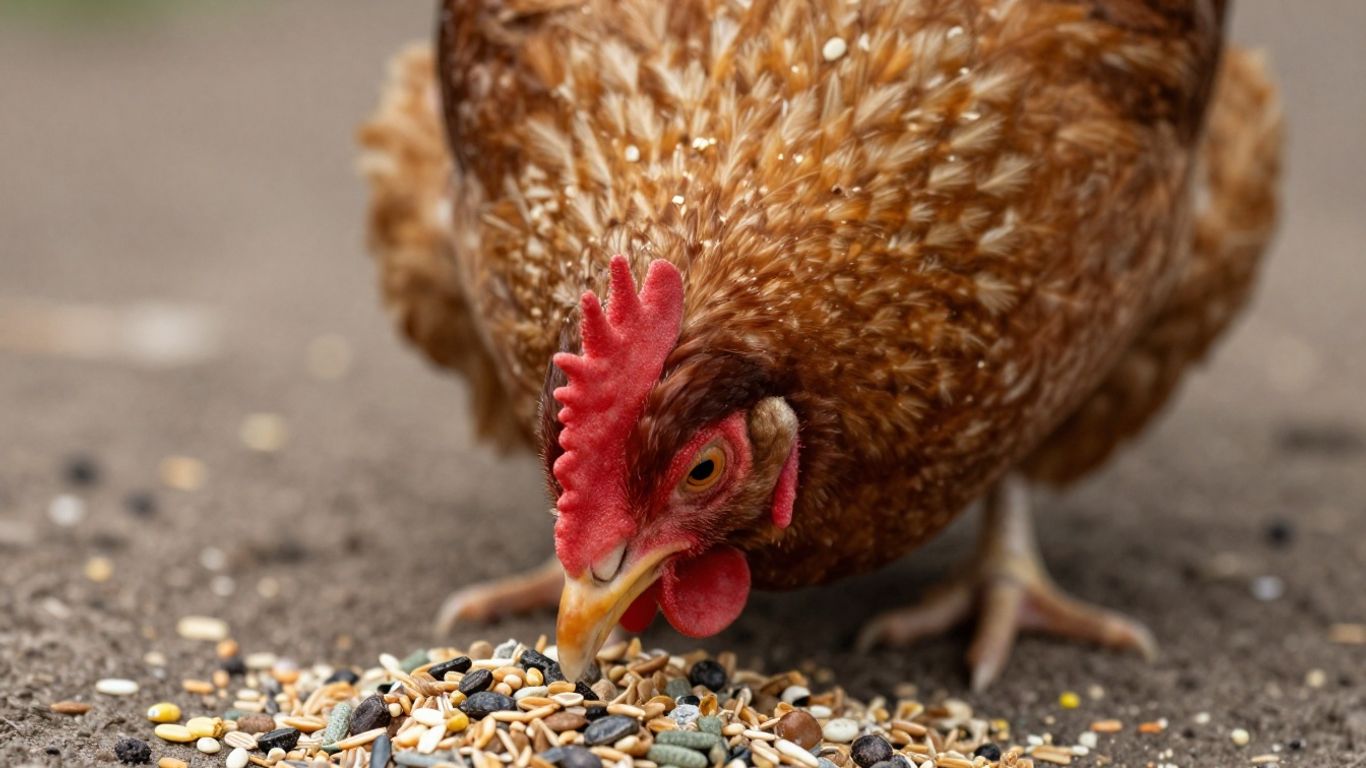 Kurczak jedzący mieszankę ziaren i minerałów.