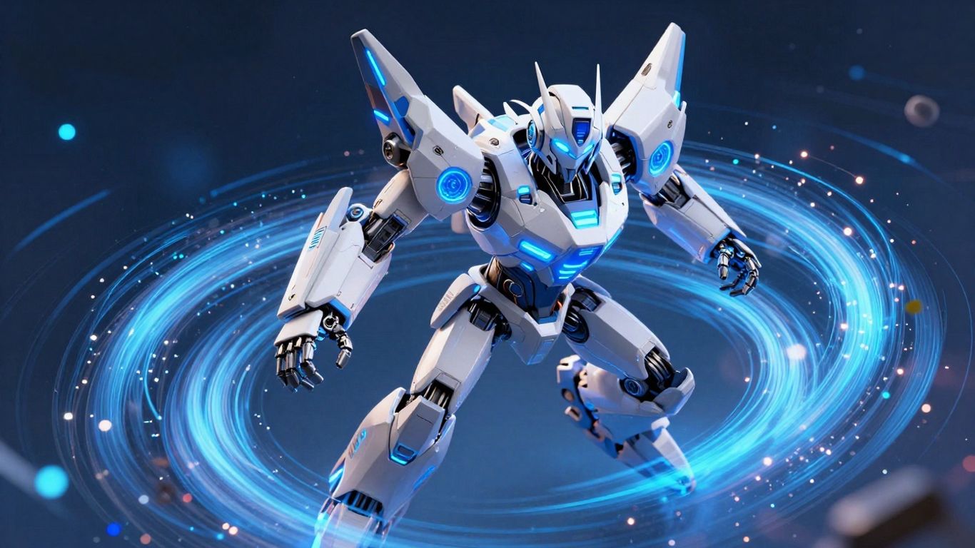 Futuristic robot emerging from digital particles.