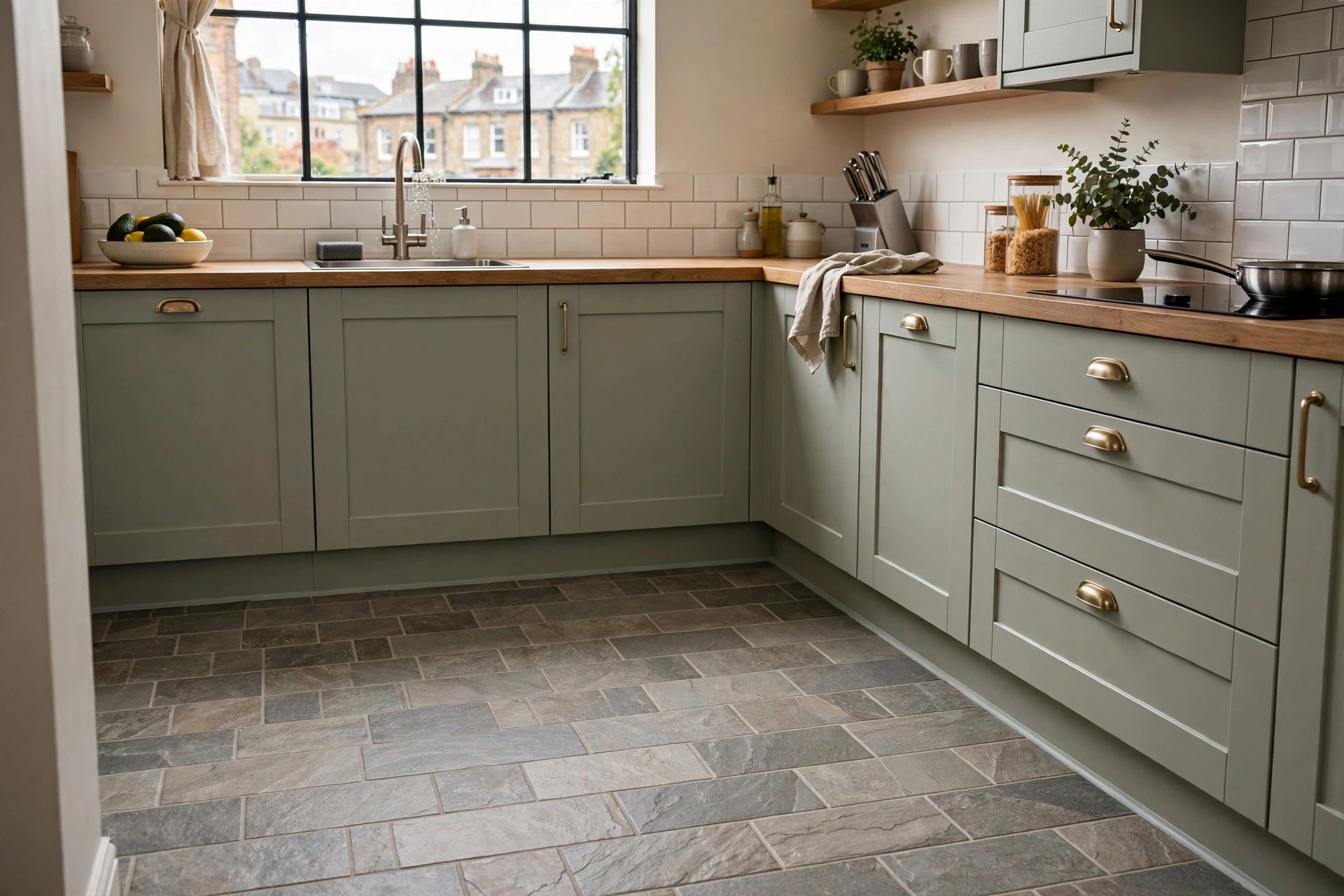 A glue-down LVT floor fitted in a Bristol kitchen, with realistic stone-effect tiles, close joints and a carefully finished perimeter beside the units