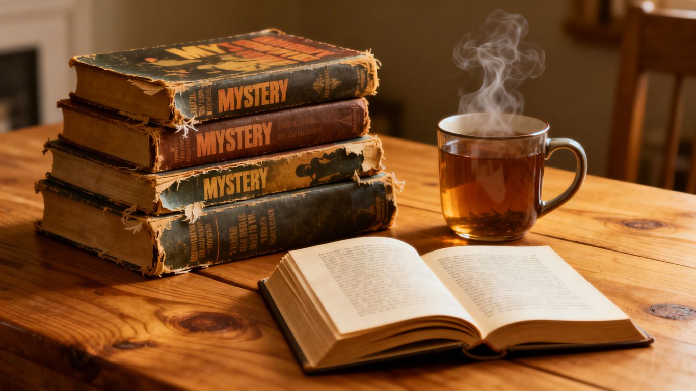 Cozy mystery books and a steaming mug of tea.