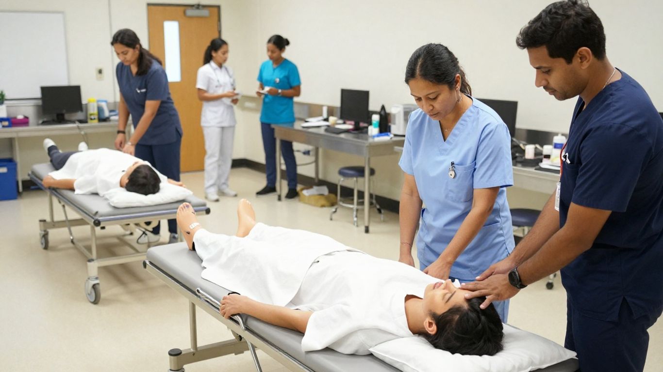 Students practicing nursing aide skills in a bright classroom
