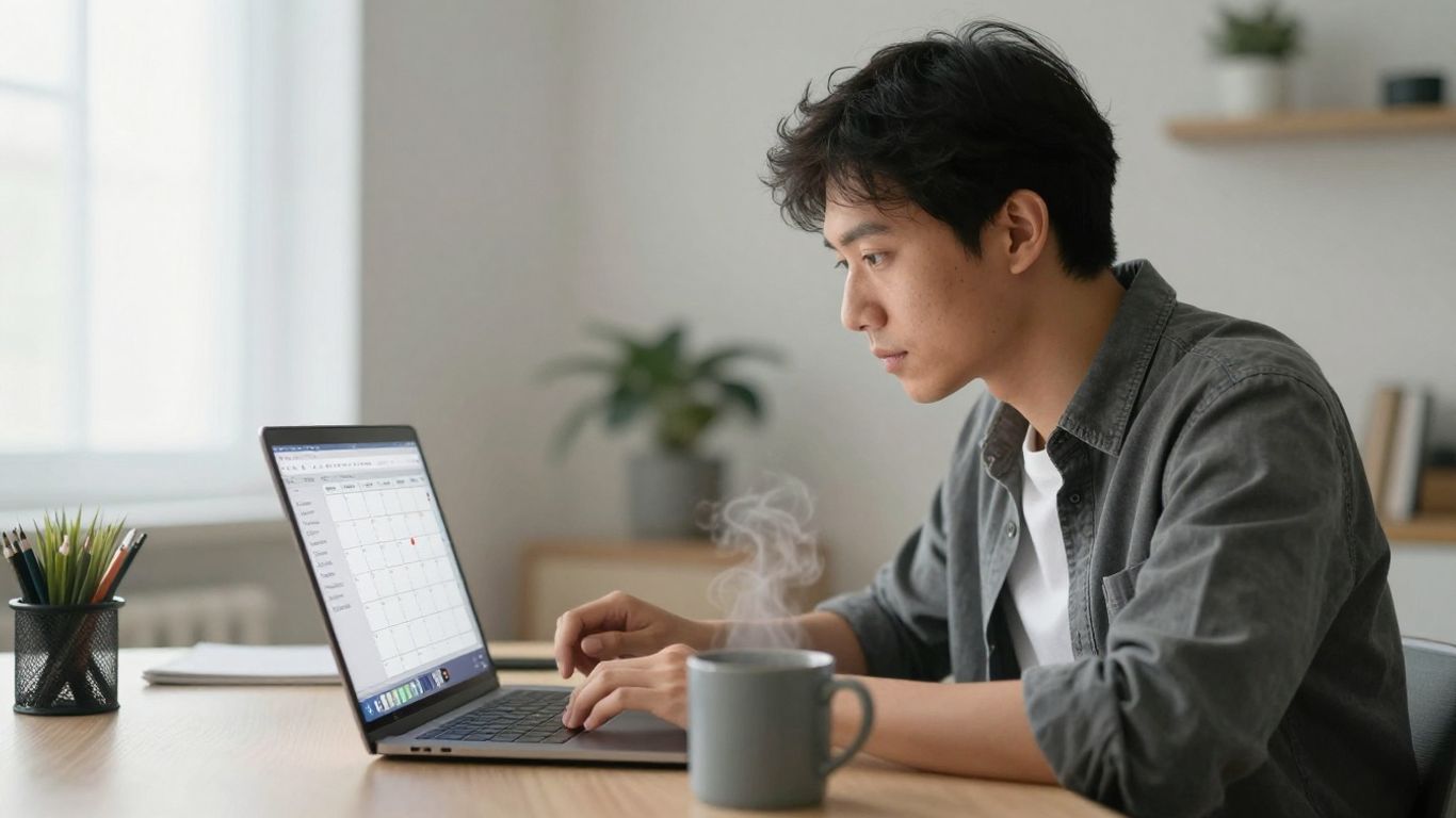 Person focused on a digital calendar on a laptop.