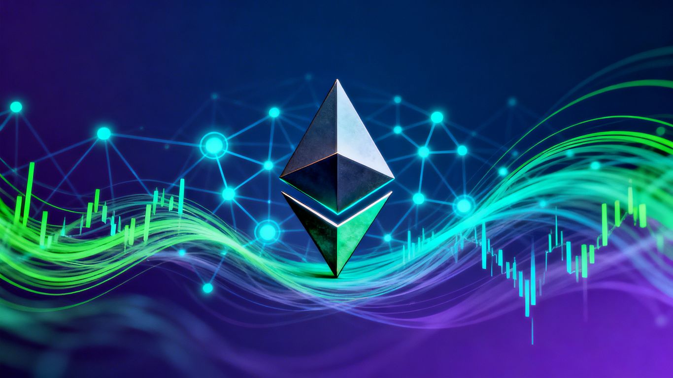 Ethereum logo amidst market volatility patterns.
