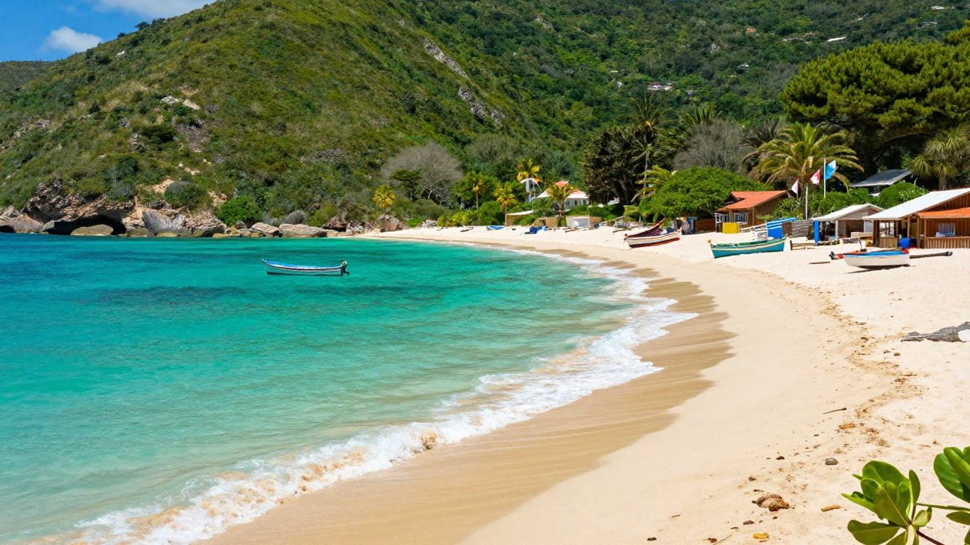 St. Martin island with turquoise water and colorful boats.