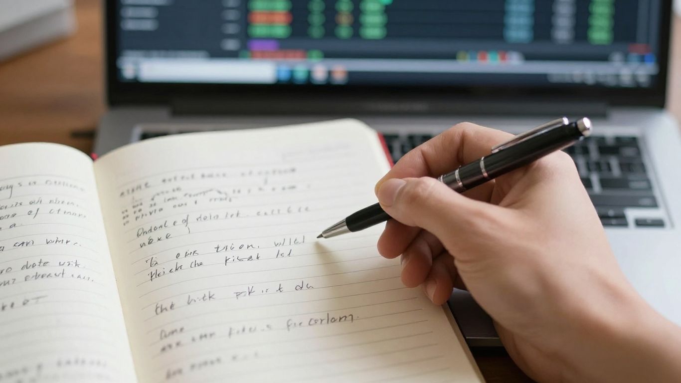 Forex trading journal with pen and laptop.