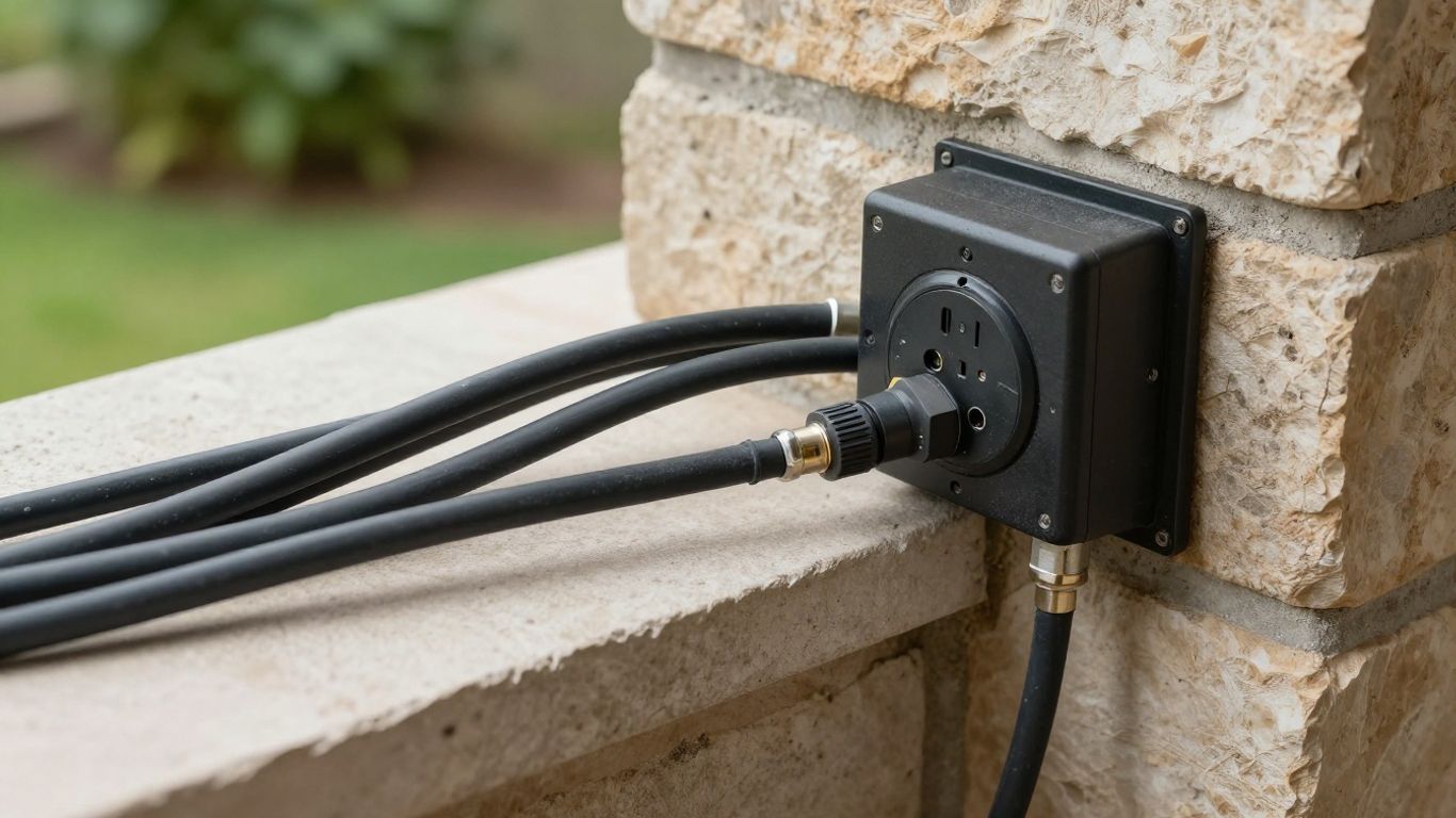 Outdoor kitchen wiring with weather-resistant cables and outlet.