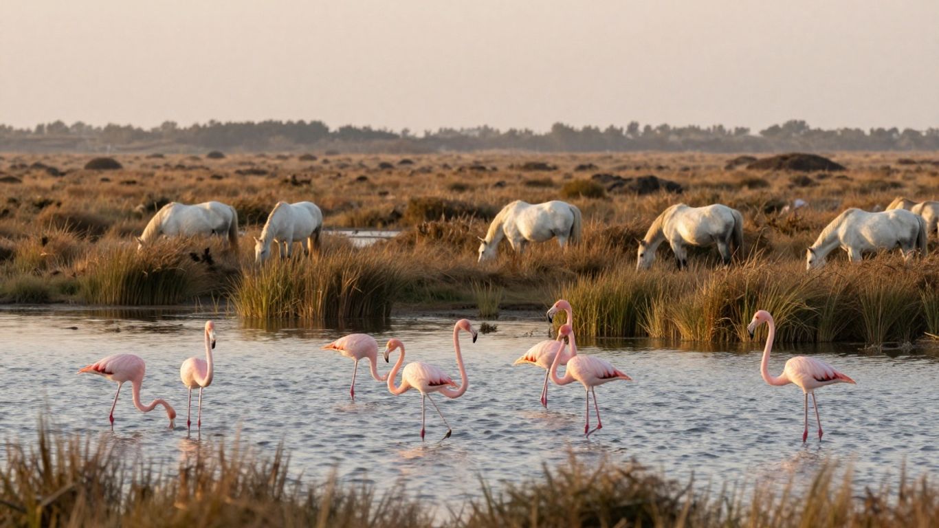 Flamingos and white horses across Camargue wetlands