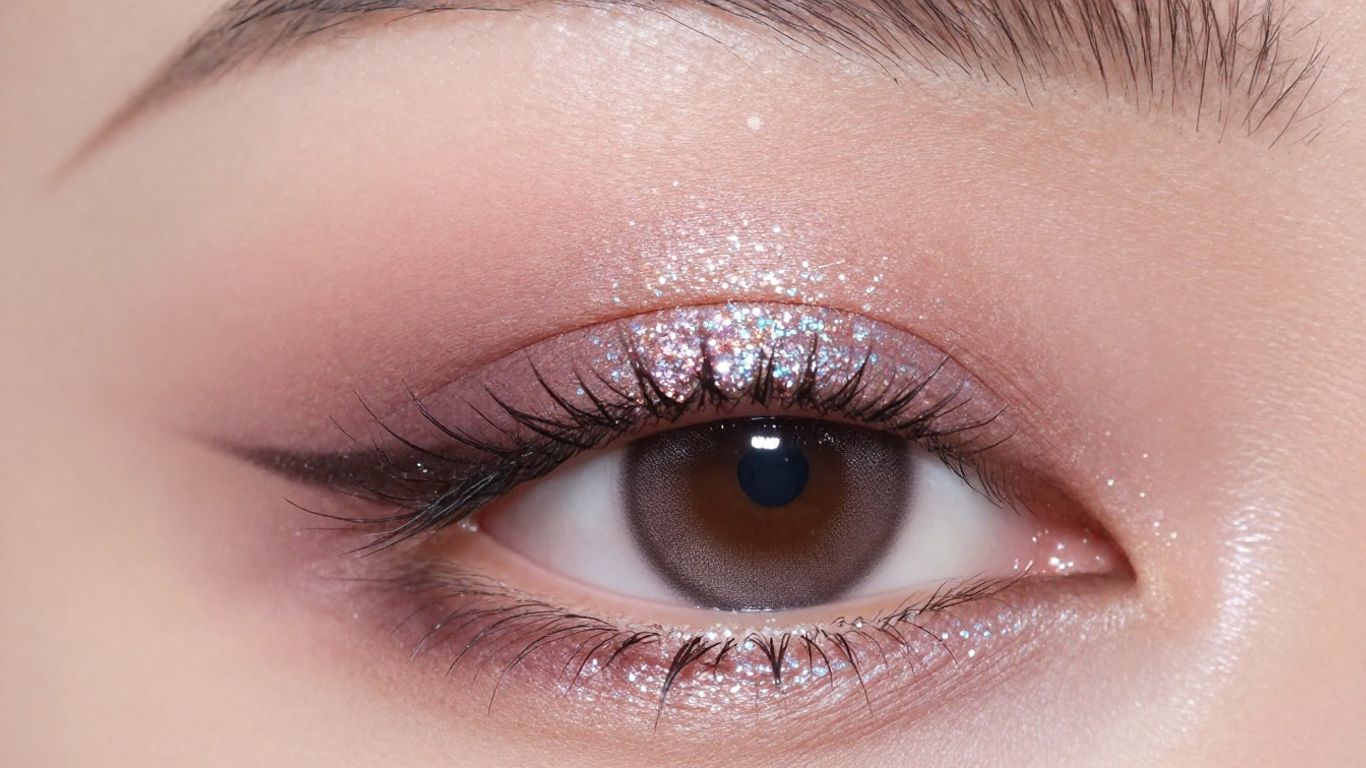 Eye with perfectly applied glitter eyeshadow, no fallout.