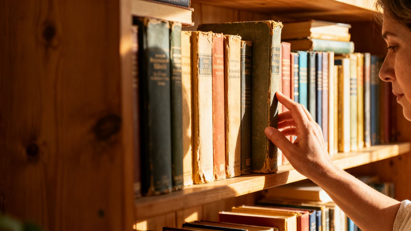 Mother's hand on bookshelf, thoughtful and nostalgic.