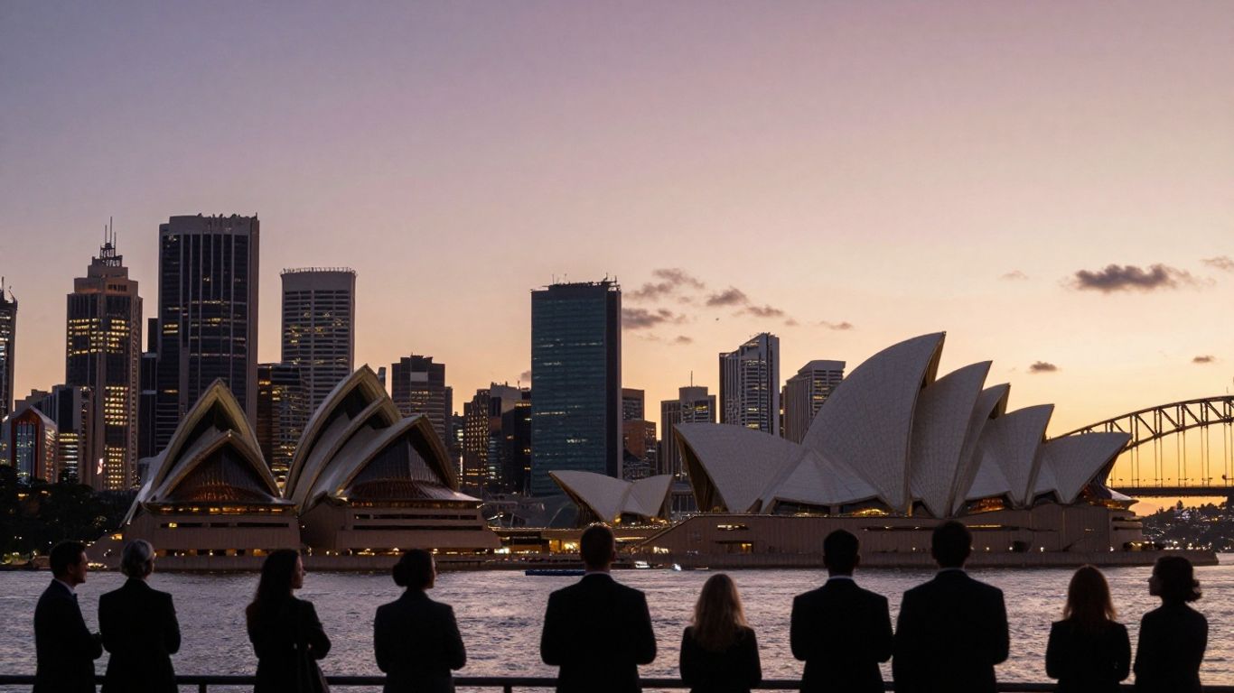Sydney skyline at sunset with business professionals.