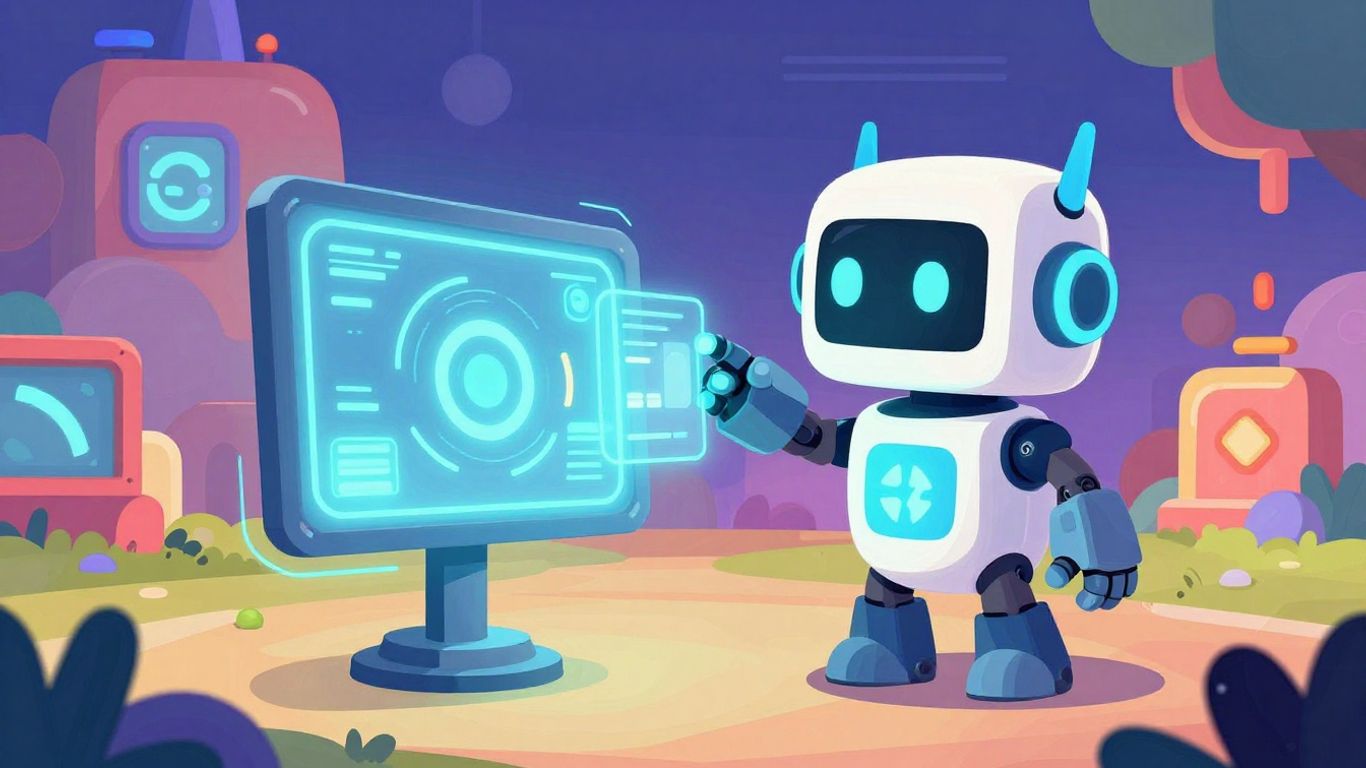 Meta AI robot interacting with futuristic digital interfaces.