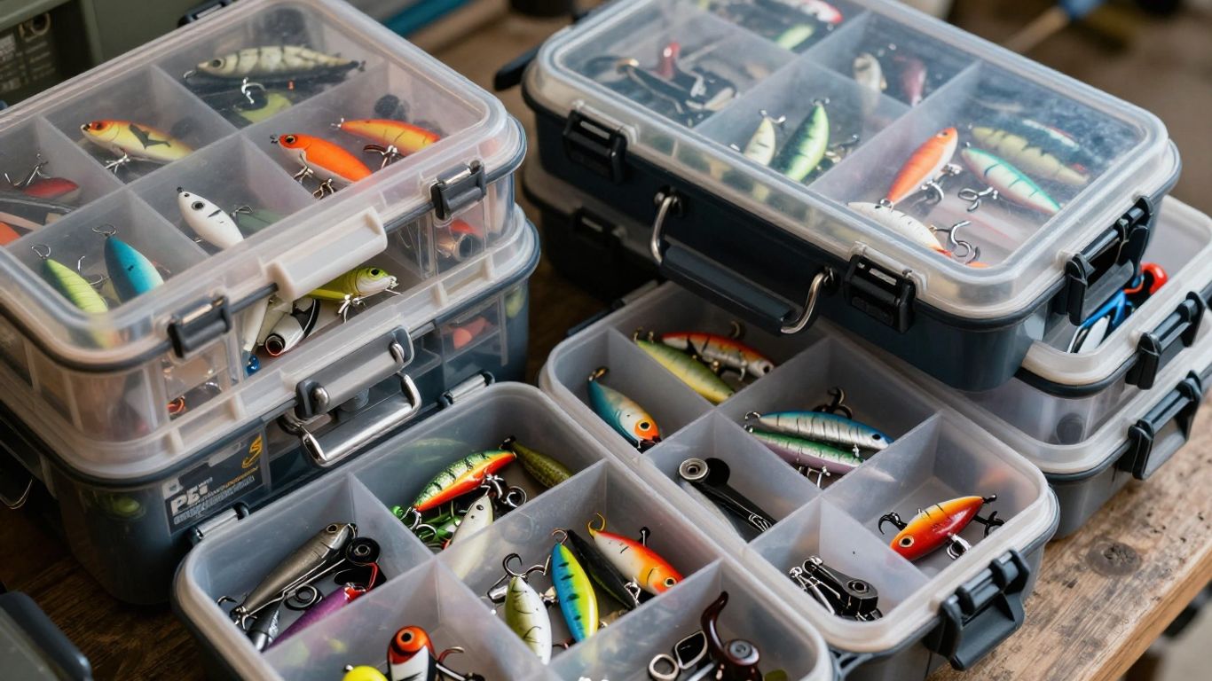 Plano tackle boxes filled with fishing lures and gear.