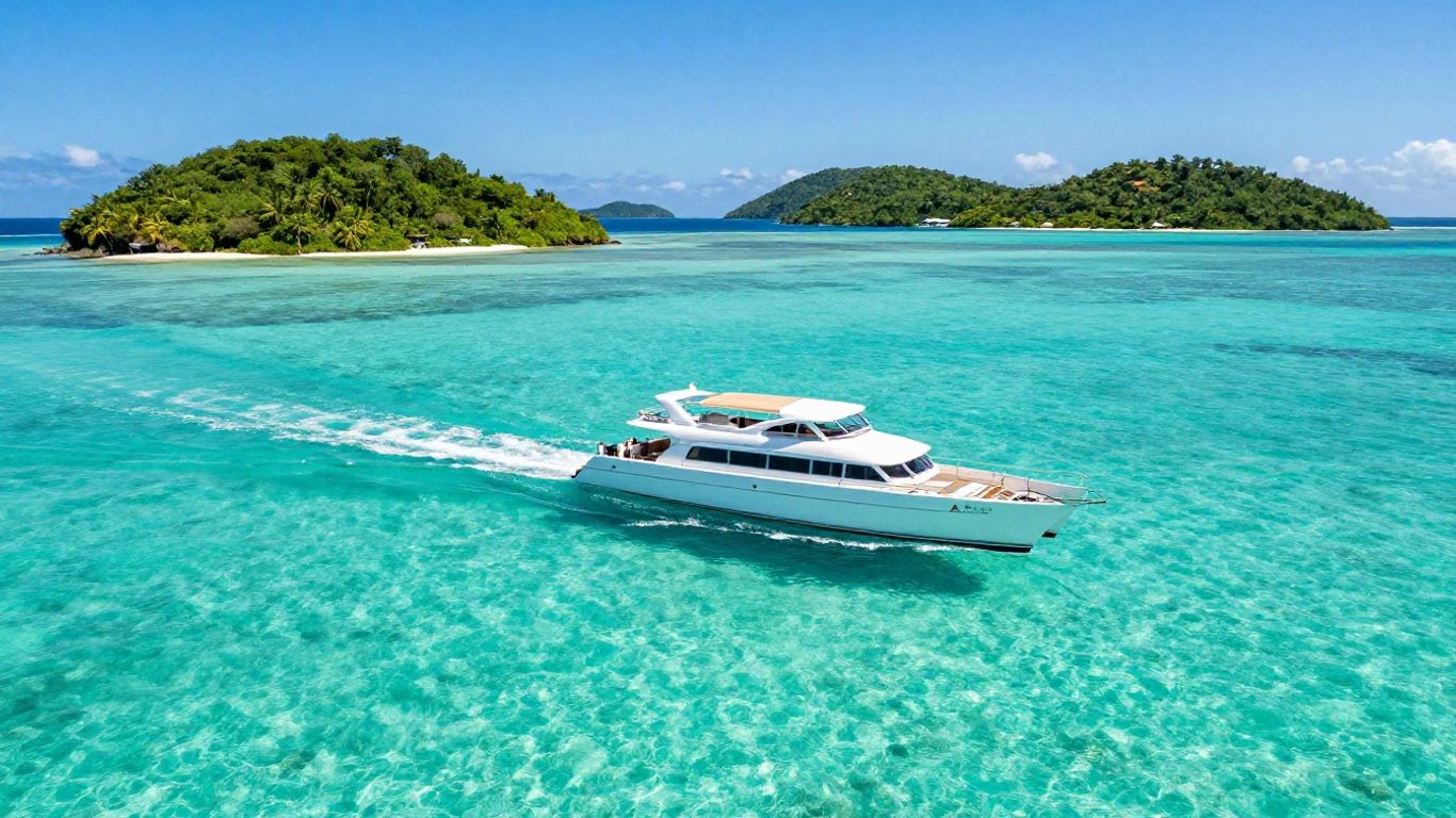 Luxury catamaran sailing in clear turquoise waters near islands.