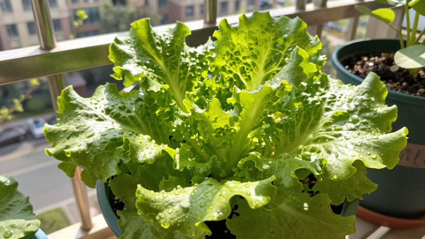 Frischer Salat wächst auf einem Balkon im Frühling.