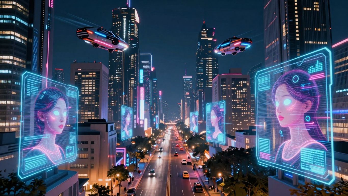 Futuristic cityscape with digital avatars and flying vehicles.