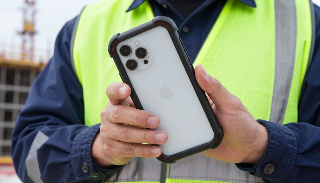 A tradie in high-vis workwear checking their iPhone 17 Air on a construction site, with the phone in a rugged, protective case.
