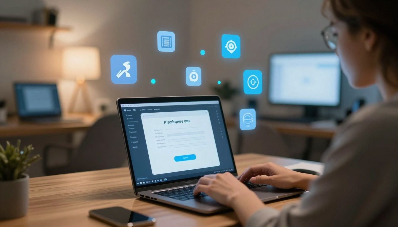 Uma pessoa trabalhando em um laptop em um ambiente moderno e iluminado, com ícones digitais flutuando ao redor, simbolizando as diversas carreiras criadas pela internet.