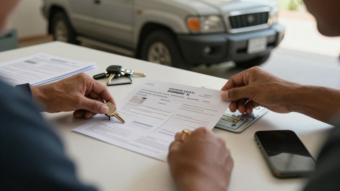 Owner preparing documents beside an old vehicle