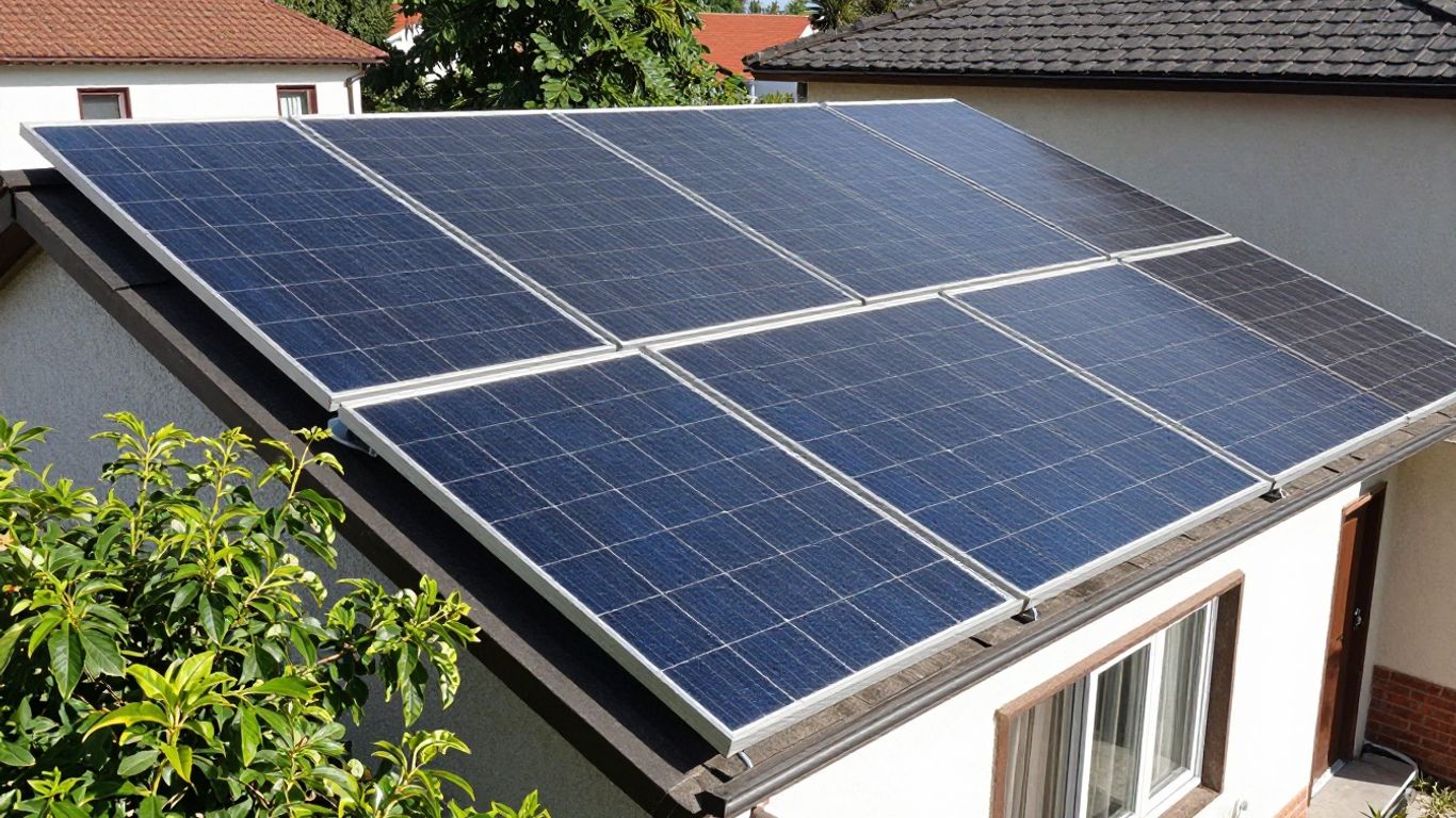 Panneaux solaires sur un toit, maison, plante verte.