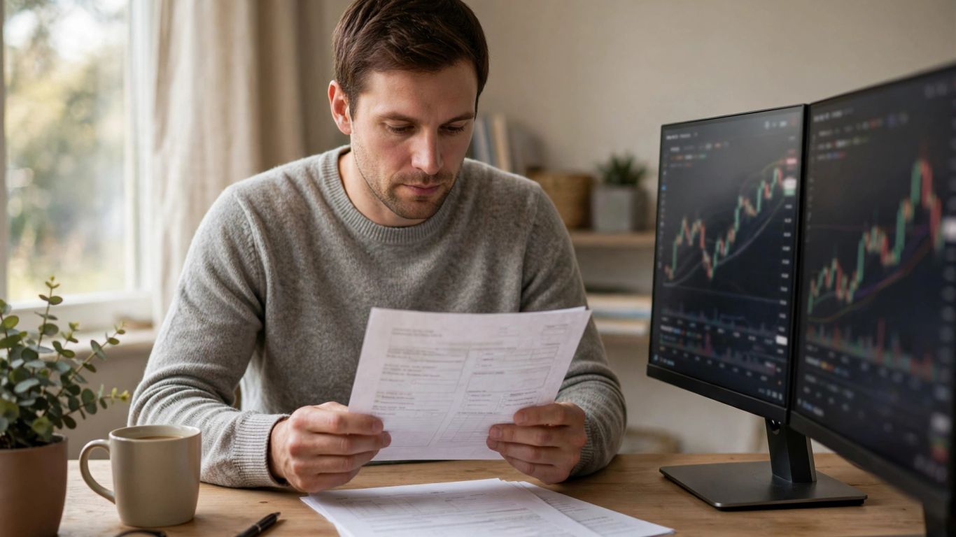 Trader consultant les règles d’évaluation devant des écrans de trading