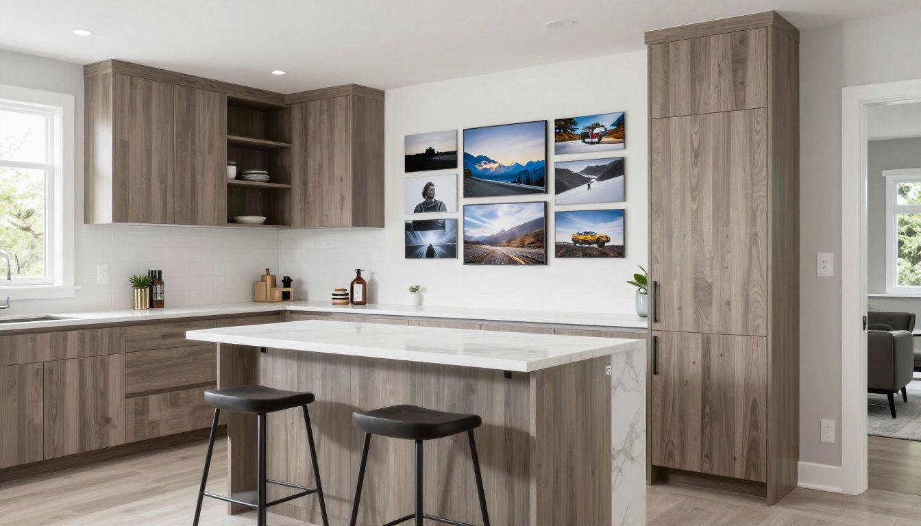 Custom millwork installed across a Vancouver home with kitchen cabinetry, office storage, and a media wall