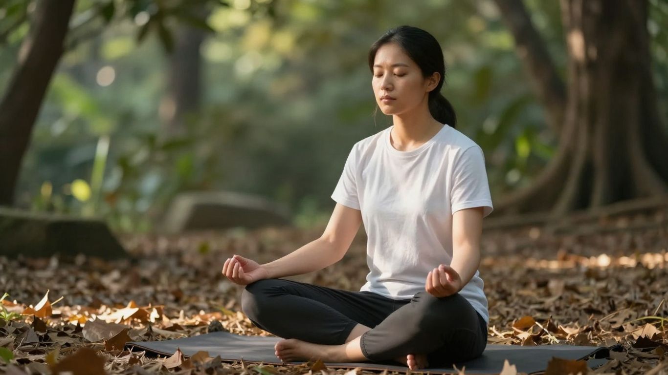 Femeie meditând în natură, cu soare blând.