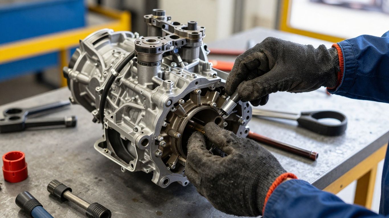 Mechanic inspecting used Nissan Patrol components