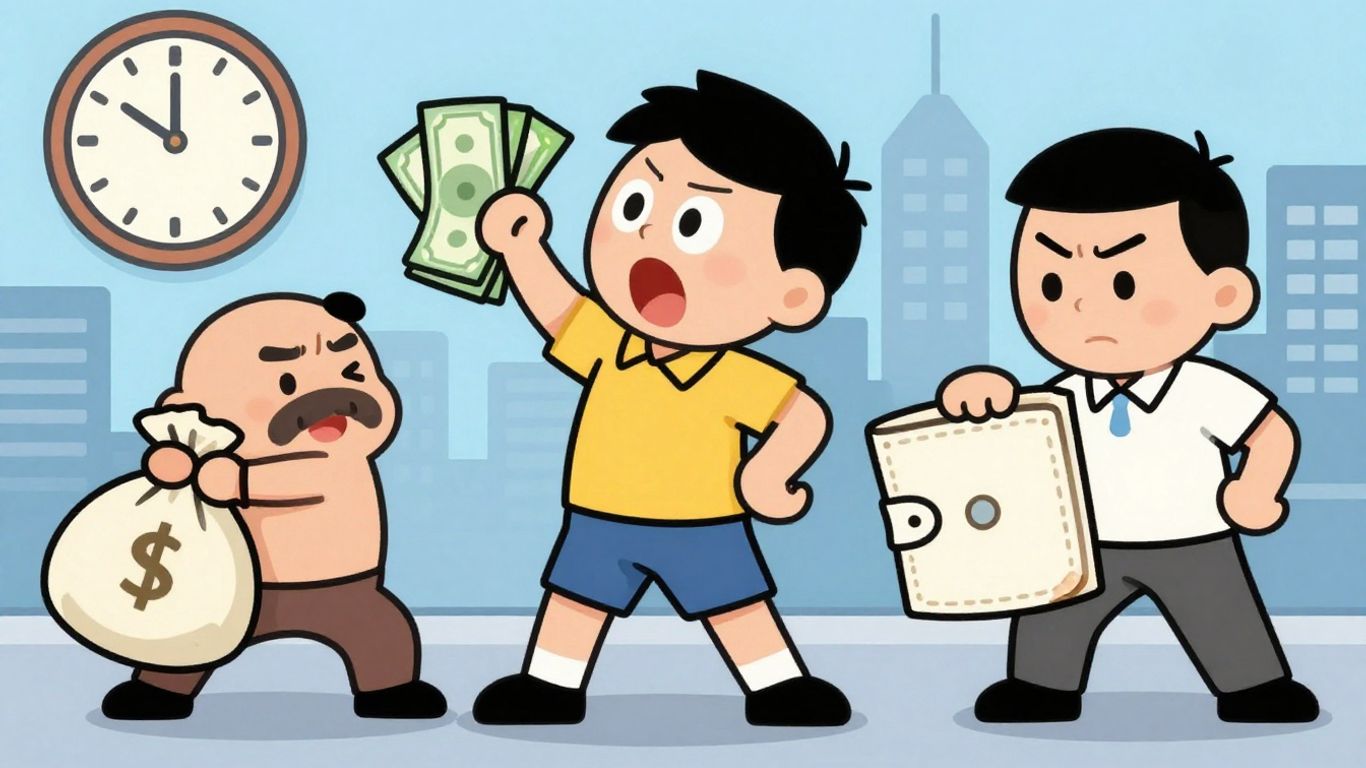 Cartoon characters with money and worried expressions.