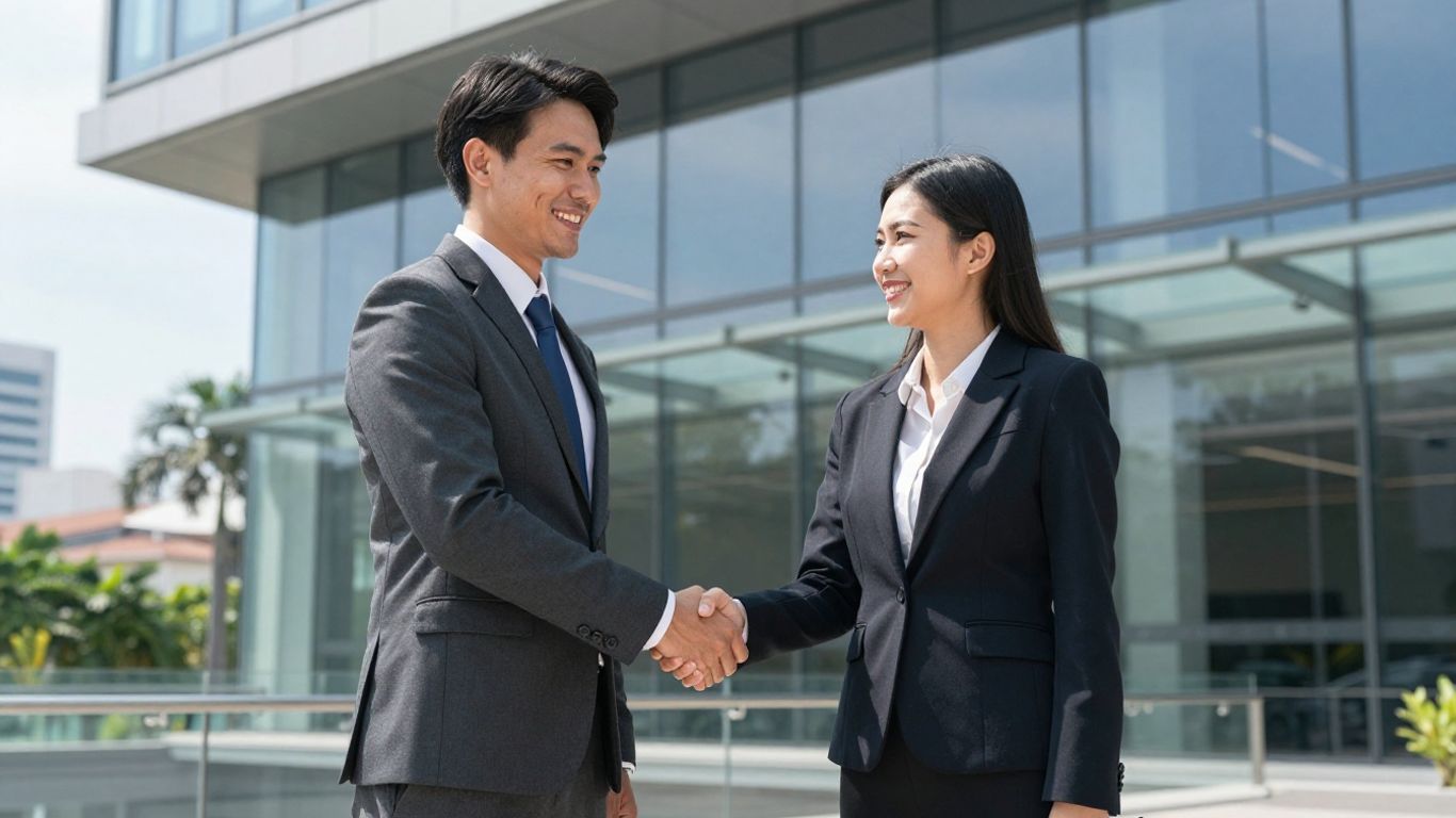 Handshake in front of Phuket office building.