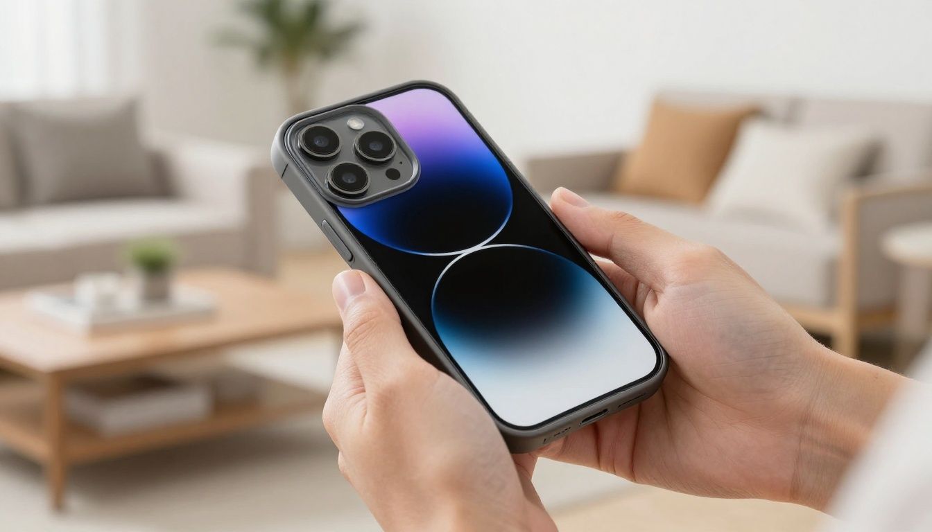 A person carefully fitting a sleek, protective case onto their new iPhone 15 Pro Max in a bright, modern living room.