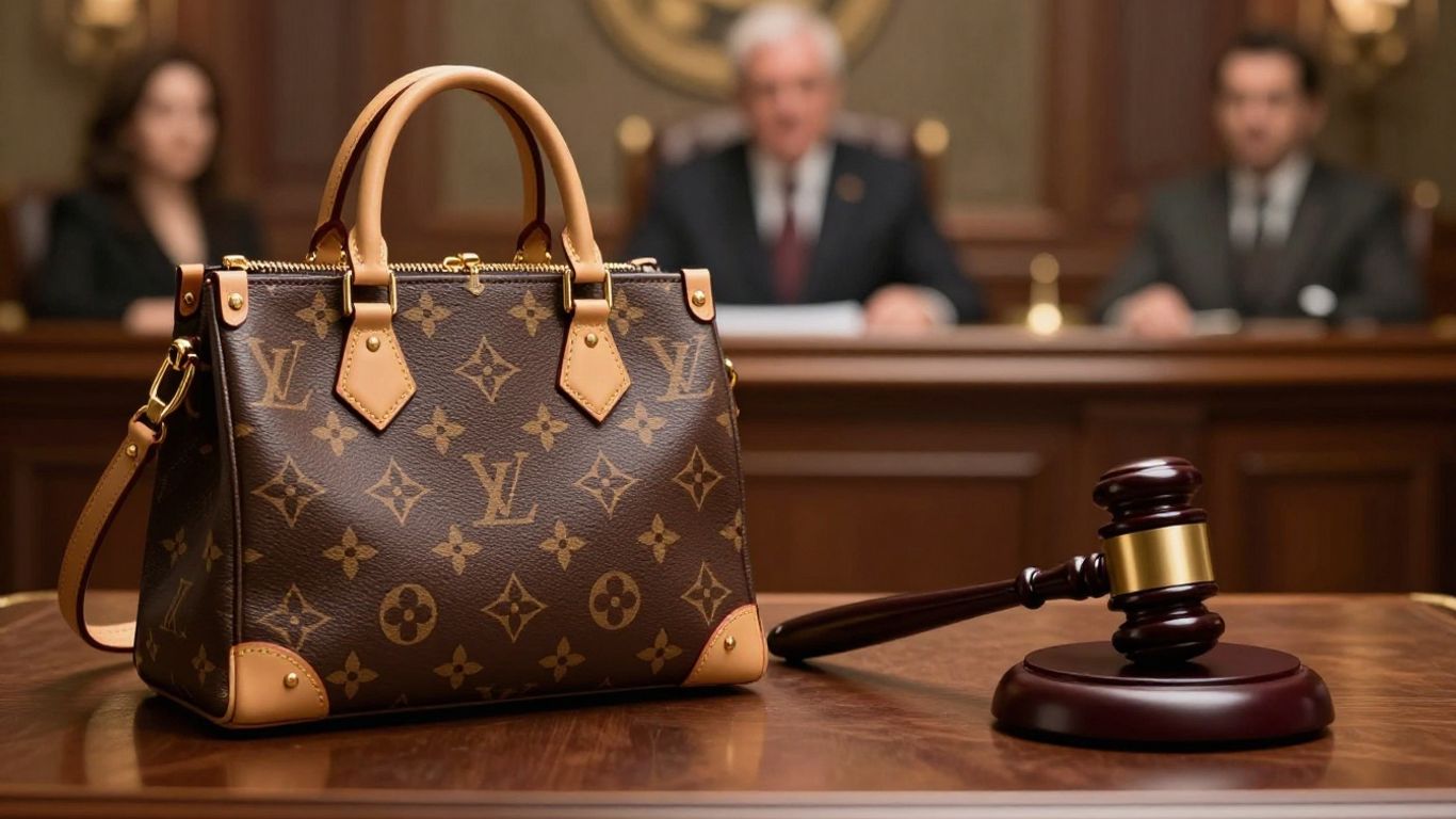Louis Vuitton bag and gavel in courtroom