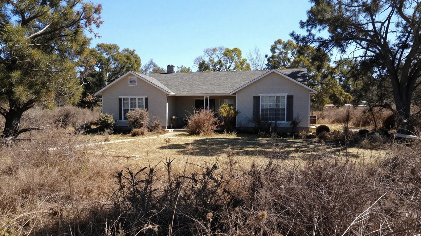 Rural home with cleared defensible space buffer zone.