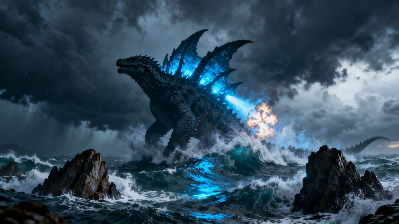 Godzilla emerges from stormy ocean waters.