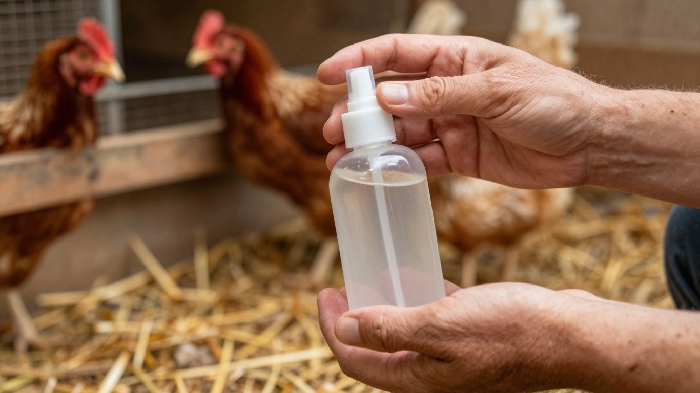 Ręce trzymające butelkę z płynem dezynfekującym w kurniku.