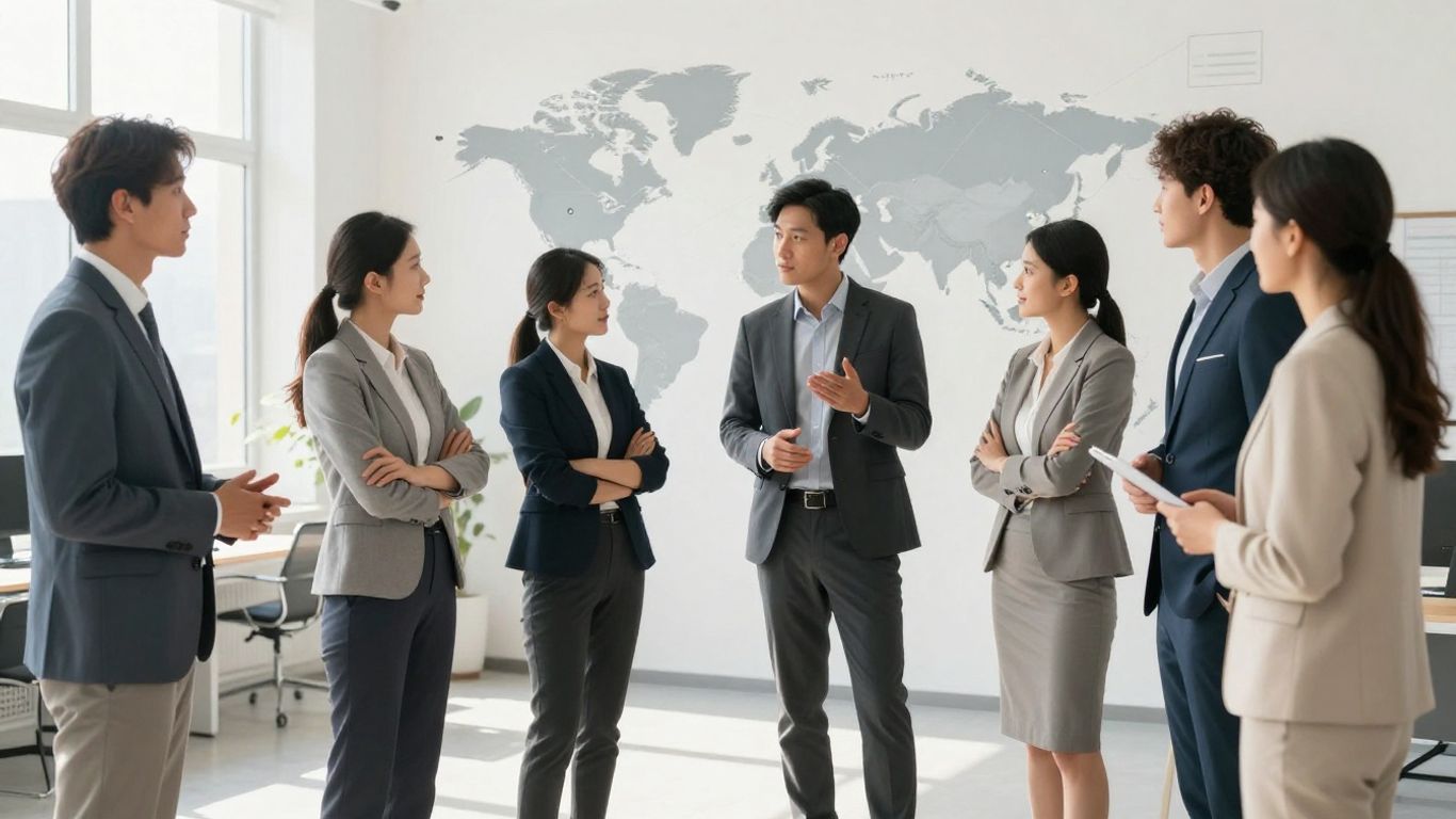 Profesionales colaborando, conexiones globales implícitas.