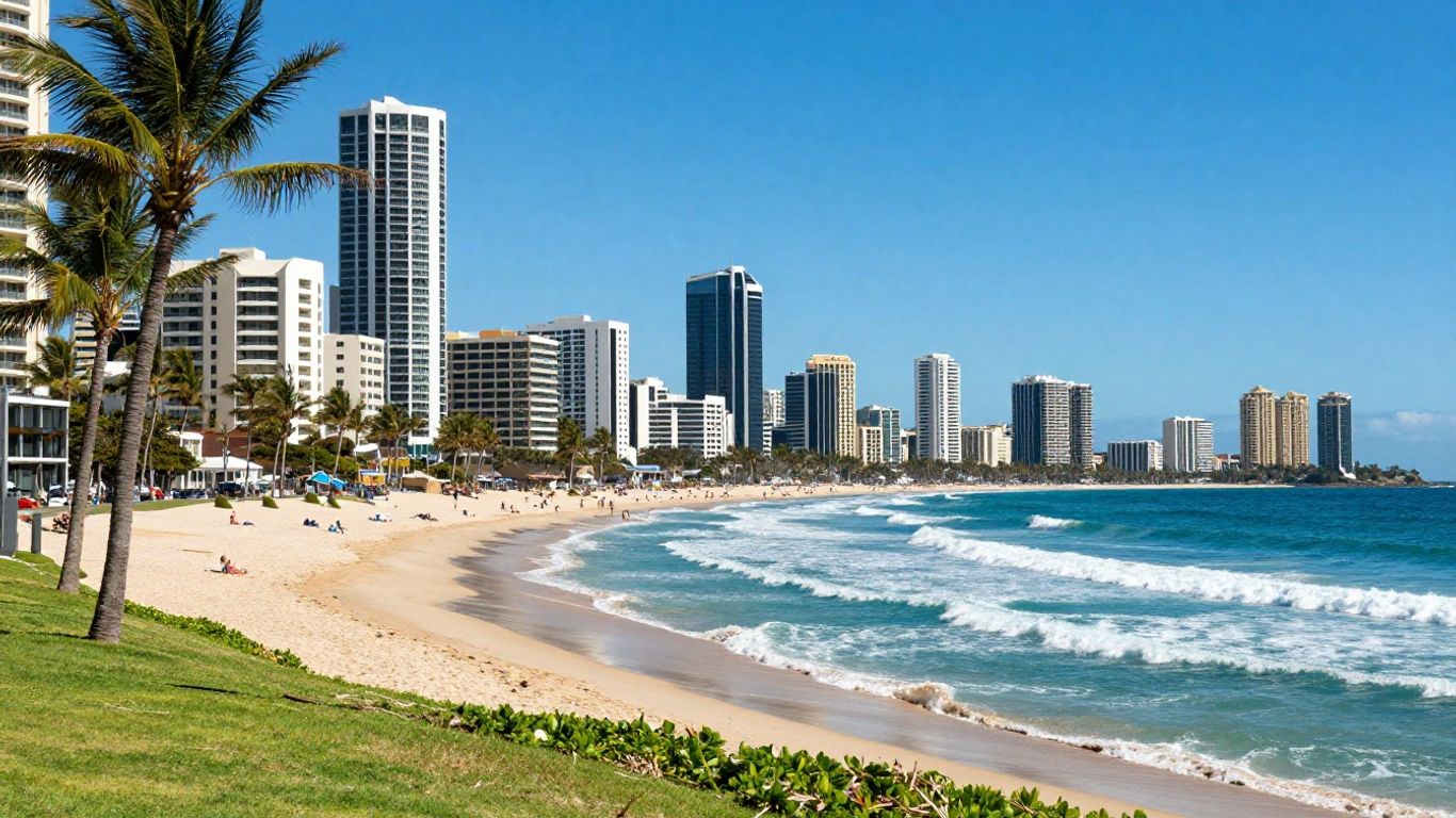 Gold Coast beach with palm trees and ocean waves.