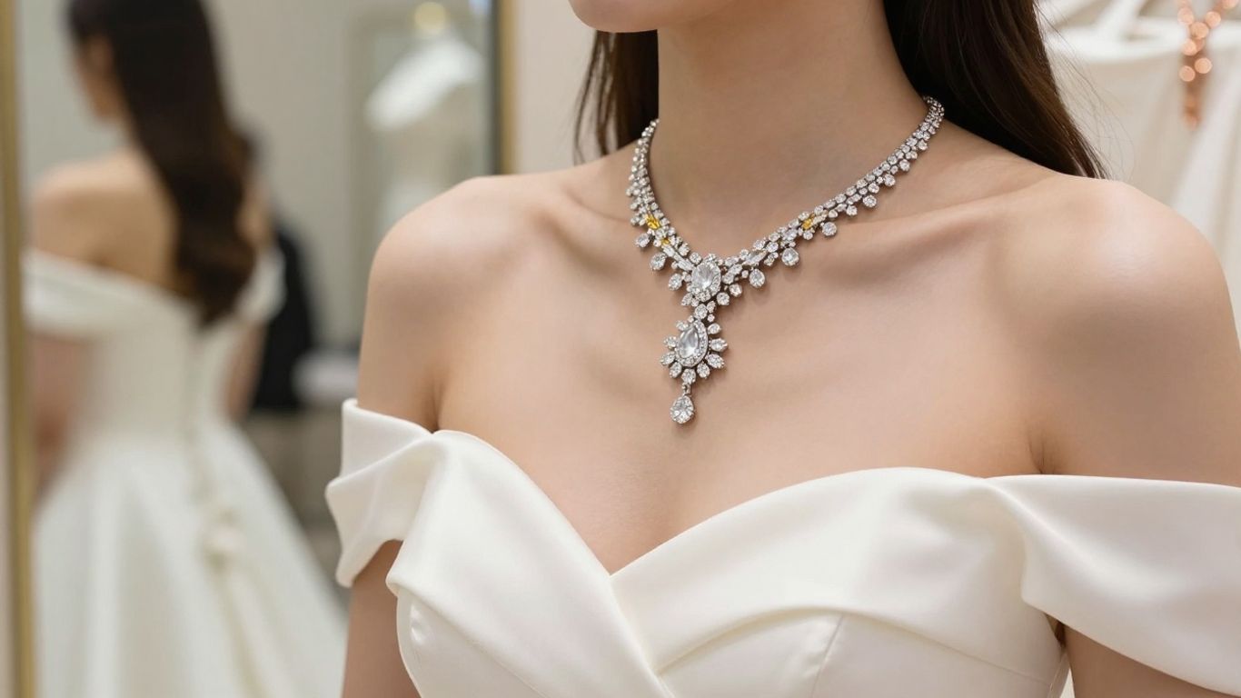 Bride wearing layered metal diamond necklace