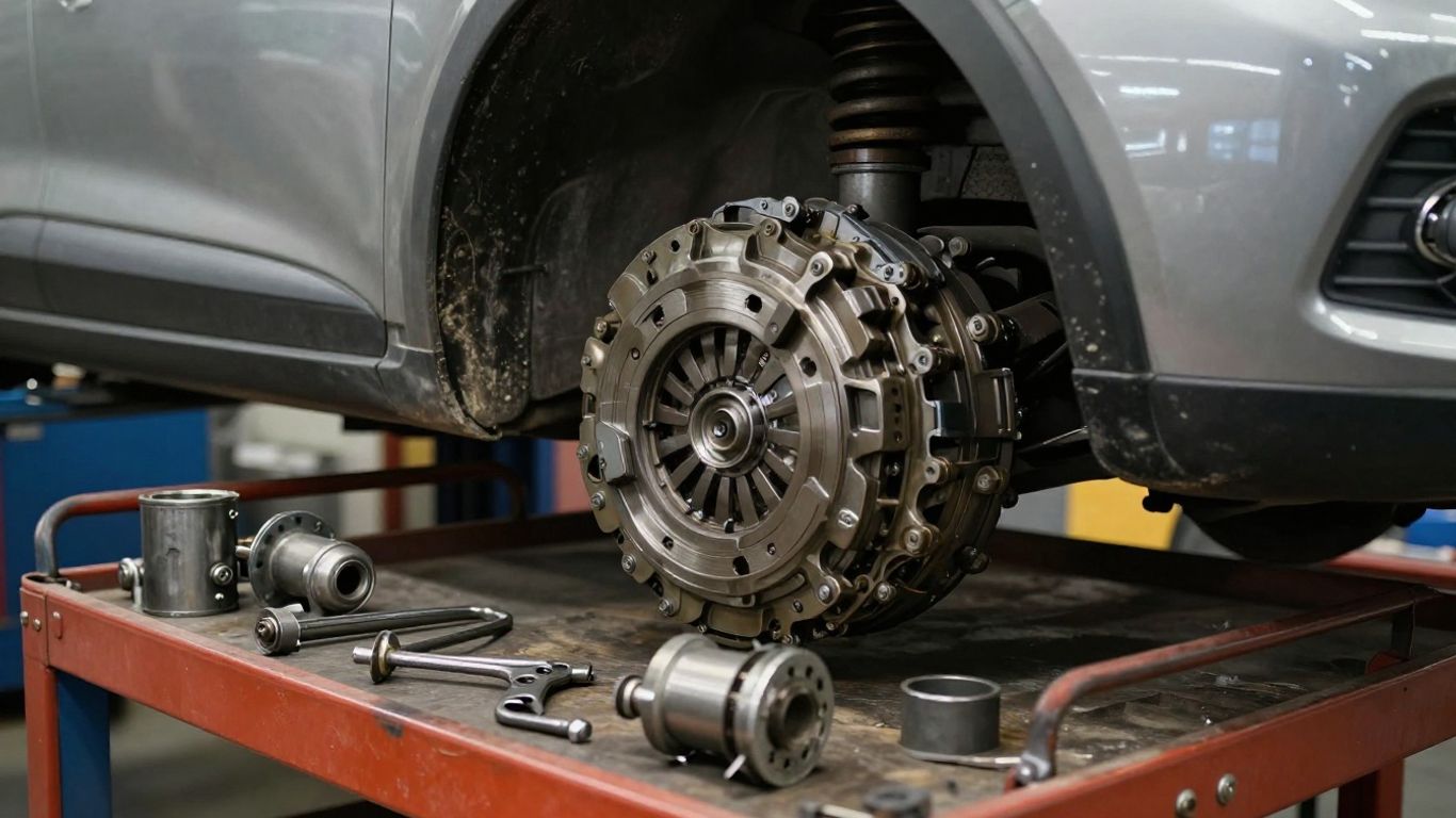 Mechanic replacing clutch components under vehicle