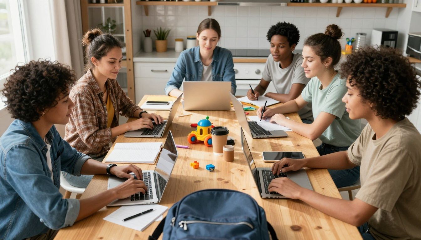 A diverse group of busy moms sitting at a kitchen table, some with laptops and planners, surrounded by family life (toys, coffee, backpacks), looking focused and positive as they review their goals together, sunlight streaming in.