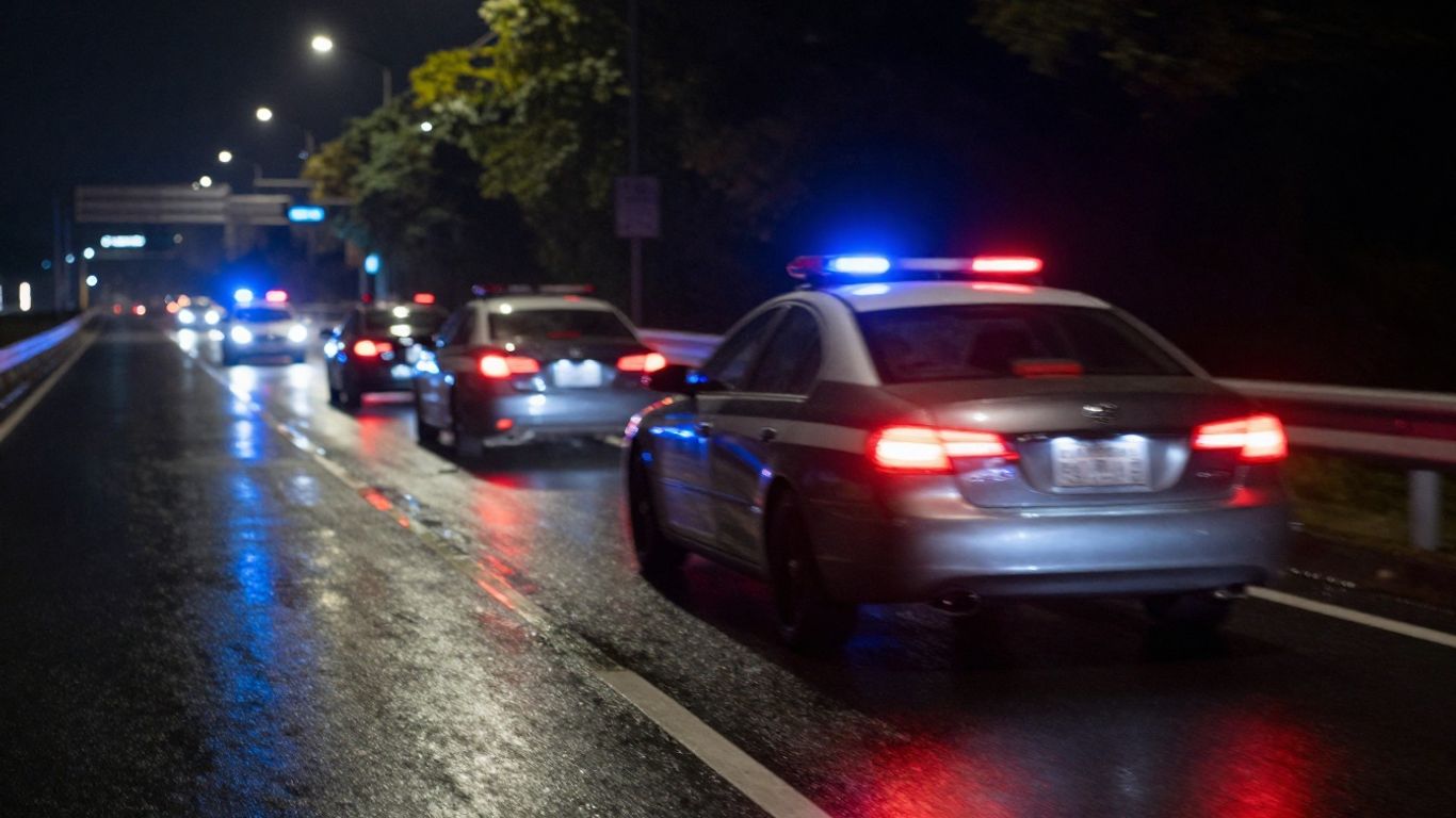 Fast car on a dark, wet road at night.