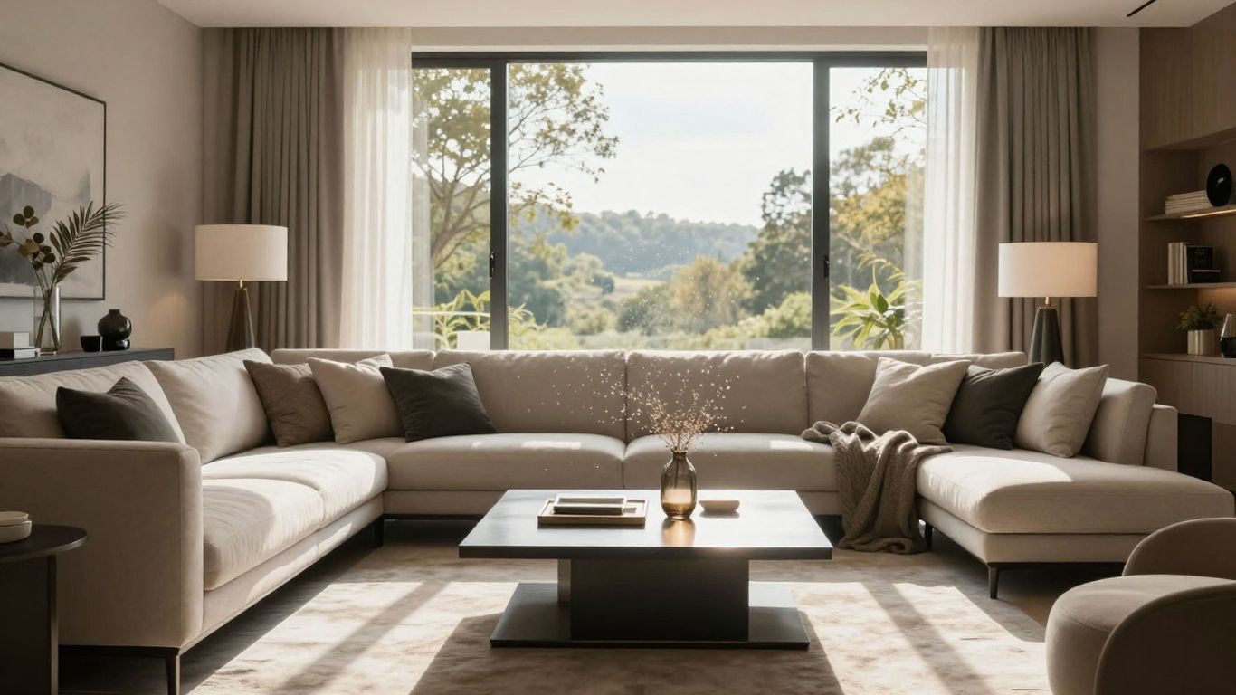 Sala de estar luminosa con sofá cómodo y vista panorámica.