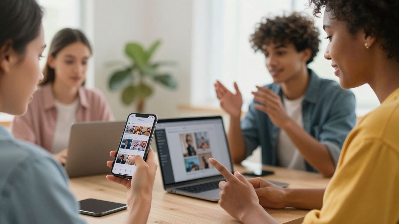 Diverse people using smartphones and laptops for influencer marketing.