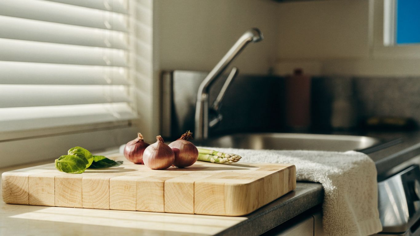 Pale maple cutting board beside a compact camper sink