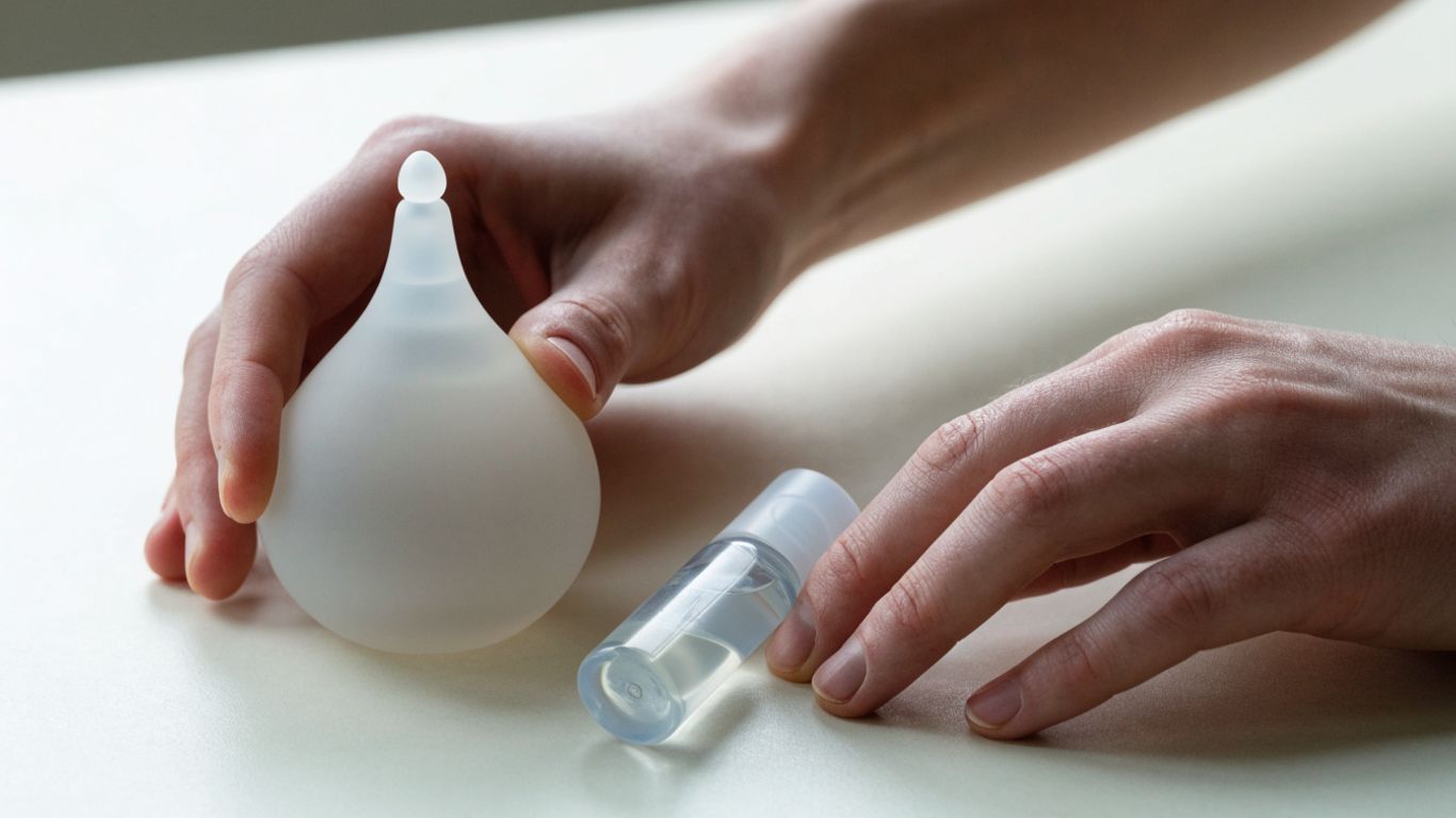 Hands arranging a silicone toy and lubricant bottle