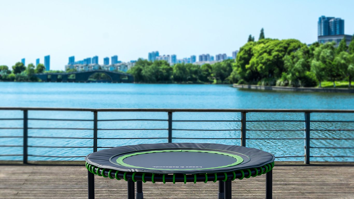 Trampoline on wooden deck by lake, city skyline background.