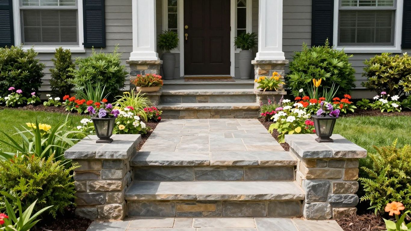 Stone walkway and steps leading to a home entrance.