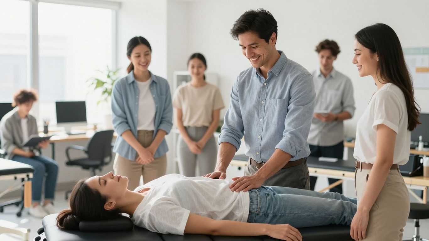 Employees receiving chiropractic care in an office wellness program.