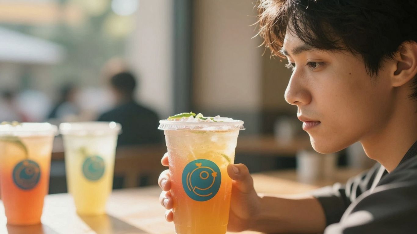 Person contemplating a colorful beverage with a thoughtful expression.