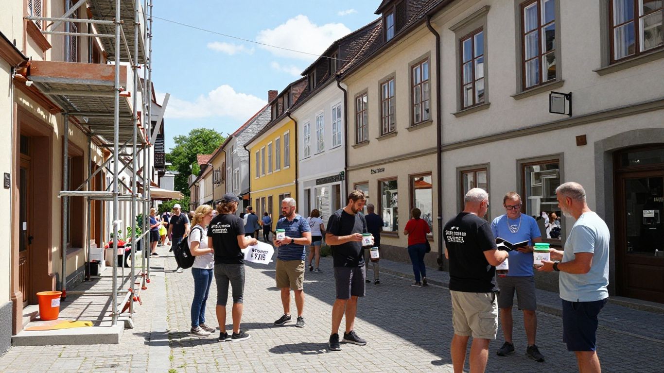 Oamenii donează pentru proiecte locale în piața orașului.